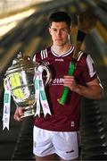 7 April 2025; Galway hurler Cianán Fahy poses for a portrait with the Bob O'Keeffe Cup at the launch of the 2025 Leinster GAA Senior Hurling Championship at UPMC Nowlan Park in Kilkenny. Photo by Sam Barnes/Sportsfile