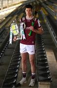 7 April 2025; Galway hurler Cianán Fahy poses for a portrait with the Bob O'Keeffe Cup at the launch of the 2025 Leinster GAA Senior Hurling Championship at UPMC Nowlan Park in Kilkenny. Photo by Sam Barnes/Sportsfile