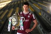 7 April 2025; Galway hurler Cianán Fahy poses for a portrait with the Bob O'Keeffe Cup at the launch of the 2025 Leinster GAA Senior Hurling Championship at UPMC Nowlan Park in Kilkenny. Photo by Sam Barnes/Sportsfile