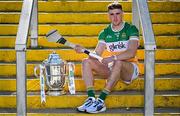 7 April 2025; Offaly hurler Ciarán Burke poses for a portrait with the Bob O'Keeffe Cup at the launch of the 2025 Leinster GAA Senior Hurling Championship at UPMC Nowlan Park in Kilkenny. Photo by Sam Barnes/Sportsfile