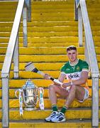 7 April 2025; Offaly hurler Ciarán Burke poses for a portrait with the Bob O'Keeffe Cup at the launch of the 2025 Leinster GAA Senior Hurling Championship at UPMC Nowlan Park in Kilkenny. Photo by Sam Barnes/Sportsfile
