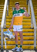 7 April 2025; Offaly hurler Ciarán Burke poses for a portrait with the Bob O'Keeffe Cup at the launch of the 2025 Leinster GAA Senior Hurling Championship at UPMC Nowlan Park in Kilkenny. Photo by Sam Barnes/Sportsfile