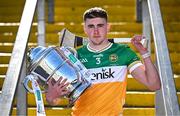 7 April 2025; Offaly hurler Ciarán Burke poses for a portrait with the Bob O'Keeffe Cup at the launch of the 2025 Leinster GAA Senior Hurling Championship at UPMC Nowlan Park in Kilkenny. Photo by Sam Barnes/Sportsfile