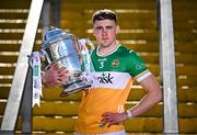 7 April 2025; Offaly hurler Ciarán Burke poses for a portrait with the Bob O'Keeffe Cup at the launch of the 2025 Leinster GAA Senior Hurling Championship at UPMC Nowlan Park in Kilkenny. Photo by Sam Barnes/Sportsfile