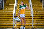 7 April 2025; Offaly hurler Ciarán Burke poses for a portrait with the Bob O'Keeffe Cup at the launch of the 2025 Leinster GAA Senior Hurling Championship at UPMC Nowlan Park in Kilkenny. Photo by Sam Barnes/Sportsfile