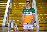 7 April 2025; Offaly hurler Ciarán Burke poses for a portrait with the Bob O'Keeffe Cup at the launch of the 2025 Leinster GAA Senior Hurling Championship at UPMC Nowlan Park in Kilkenny. Photo by Sam Barnes/Sportsfile