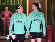 7 April 2025; Goalkeeper Grace Moloney and Anna Patten, right, during a Republic of Ireland women's training session at Tallaght Stadium in Dublin. Photo by Stephen McCarthy/Sportsfile