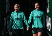 7 April 2025; Goalkeeper Grace Moloney and Anna Patten, right, during a Republic of Ireland women's training session at Tallaght Stadium in Dublin. Photo by Stephen McCarthy/Sportsfile