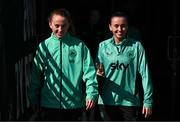 7 April 2025; Aoibheann Clancy and Abbie Larkin, right, during a Republic of Ireland women's training session at Tallaght Stadium in Dublin. Photo by Stephen McCarthy/Sportsfile