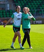 7 April 2025; Anna Patten and goalkeeper Grace Moloney during a Republic of Ireland women's training session at Tallaght Stadium in Dublin. Photo by Stephen McCarthy/Sportsfile