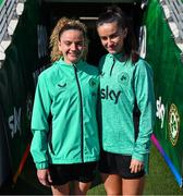 7 April 2025; Leanne Kiernan and Alex Kavanagh, right, during a Republic of Ireland women's training session at Tallaght Stadium in Dublin. Photo by Stephen McCarthy/Sportsfile