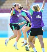 7 April 2025; Tyler Toland celebrates during a Republic of Ireland women's training session at Tallaght Stadium in Dublin. Photo by Stephen McCarthy/Sportsfile