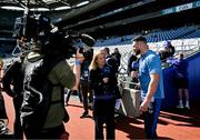 5 April 2025; Robbie Henshaw of Leinster is interviewed by Clare McNamara of RTÉ television before the Investec Champions Cup Round of 16 match between Leinster and Harlequins at Croke Park in Dublin. Photo by Brendan Moran/Sportsfile