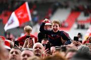 6 April 2025; A Cork supporter celebrates after the Allianz Hurling League Division 1A final match between Tipperary and Cork at SuperValu Páirc Uí Chaoimh in Cork. Photo by Brendan Moran/Sportsfile