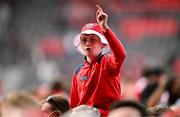 6 April 2025; A Cork supporter celebrates after the Allianz Hurling League Division 1A final match between Tipperary and Cork at SuperValu Páirc Uí Chaoimh in Cork. Photo by Brendan Moran/Sportsfile
