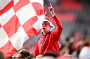 6 April 2025; A Cork supporter celebrates after the Allianz Hurling League Division 1A final match between Tipperary and Cork at SuperValu Páirc Uí Chaoimh in Cork. Photo by Brendan Moran/Sportsfile