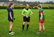 29 March 2025; Referee Barry Redmond performs the coin toss in the company of team captains Emma Murray of Waterford, left, and Danielle Caldwell of Mayo before the Lidl Ladies National Football League Division 1 match between Waterford and Mayo at Kilmacthomas GAA Club in Kilmacthomas, Waterford. Photo by Brendan Moran/Sportsfile