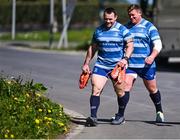 7 April 2025; Cian Healy and Tadhg Furlong, behind, as they arrive for Leinster Rugby squad training at UCD in Dublin. Photo by Piaras Ó Mídheach/Sportsfile