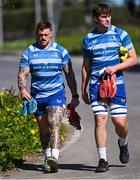 7 April 2025; Andrew Porter, left, and Brian Deeny arrive for Leinster Rugby squad training at UCD in Dublin. Photo by Piaras Ó Mídheach/Sportsfile