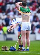 6 April 2025; Tadhg De Búrca of Waterford and Jack Clancy of Offaly swap jerseys after the Allianz Hurling League Division 1B final match between Waterford and Offaly at SuperValu Páirc Uí Chaoimh in Cork. Photo by Piaras Ó Mídheach/Sportsfile