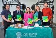 8 April 2025; Sport Ireland Anti-Doping today published its 2024 Annual Report, marking a record number of tests carried out. In 2024 Sport Ireland collected 2,029 samples – the highest number gathered since the programme began in 1999. This represents an 11% increase on samples collected in 2023. In attendance at the launch, held at the GAA National Games Development Centre on the Sport Ireland Campus in Dublin are, from left, Paralympian and World Anti Doping Agency Athlete Representative Pat O'Leary, Sport Ireland Chairperson John Foley, Sport Ireland Director of Anti-Doping Cólleen Devine, Sport Ireland Chief Executive Dr Una May and Olympian and Anti Doping Committee Athlete Representative David Gillick. For more information see https://www.sportireland.ie/anti-doping/news/sport-ireland-. Photo by Sam Barnes/Sportsfile