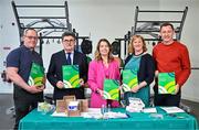 8 April 2025; Sport Ireland Anti-Doping today published its 2024 Annual Report, marking a record number of tests carried out. In 2024 Sport Ireland collected 2,029 samples – the highest number gathered since the programme began in 1999. This represents an 11% increase on samples collected in 2023. In attendance at the launch, held at the GAA National Games Development Centre on the Sport Ireland Campus in Dublin are, from left, Paralympian and World Anti Doping Agency Athlete Representative Pat O'Leary, Sport Ireland Chairperson John Foley, Sport Ireland Director of Anti-Doping Cólleen Devine, Sport Ireland Chief Executive Dr Una May and Olympian and Anti Doping Committee Athlete Representative David Gillick. For more information see https://www.sportireland.ie/anti-doping/news/sport-ireland-. Photo by Sam Barnes/Sportsfile