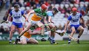 6 April 2025; Waterford goalkeeper Billy Nolan, supported by team-mates Iarlaith Daly, left, and Tadhg De Búrca in action against Offaly players Charlie Mitchell, 14, and Brian Duignan during the Allianz Hurling League Division 1B final match between Waterford and Offaly at SuperValu Páirc Uí Chaoimh in Cork. Photo by Piaras Ó Mídheach/Sportsfile
