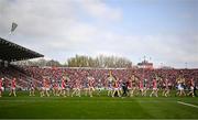 6 April 2025; Players in the parade before the Allianz Hurling League Division 1A final match between Tipperary and Cork at SuperValu Páirc Uí Chaoimh in Cork. Photo by Piaras Ó Mídheach/Sportsfile