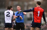 6 April 2025; New York players Cian O'Dea, left, and Conor Flaherty remonstrate with referee Joe Mc Quillan during the Connacht GAA Football Senior Championship quarter-final match between New York and Galway at Gaelic Park in New York, USA. Photo by Shauna Clinton/Sportsfile