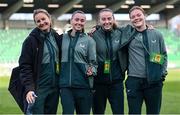8 April 2025; Republic of Ireland players, from left, Kyra Carusa, Abbie Larkin, Aoibheann Clancy and Emily Murphy, before the UEFA Women's Nations League B match between Republic of Ireland and Greece at Tallaght Stadium in Dublin. Photo by Stephen McCarthy/Sportsfile
