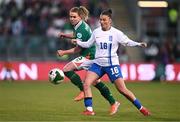 8 April 2025; Ioanna Papatheodorou of Greece and Aoife Mannion of Republic of Ireland during the UEFA Women's Nations League B match between Republic of Ireland and Greece at Tallaght Stadium in Dublin. Photo by Ben McShane/Sportsfile