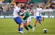 8 April 2025; Eleni Markou of Greece and Megan Campbell of Republic of Ireland during the UEFA Women's Nations League B match between Republic of Ireland and Greece at Tallaght Stadium in Dublin. Photo by Stephen McCarthy/Sportsfile
