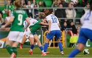 8 April 2025; Leanne Kiernan of Republic of Ireland is fouled by Athanasia Moraitou of Greece, for which Republic of Ireland were awarded a penalty, during the UEFA Women's Nations League B match between Republic of Ireland and Greece at Tallaght Stadium in Dublin. Photo by Stephen McCarthy/Sportsfile