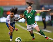 8 April 2025; Lucy Quinn of Republic of Ireland and Stamatia Ntarzanou of Greece during the UEFA Women's Nations League B match between Republic of Ireland and Greece at Tallaght Stadium in Dublin. Photo by Stephen McCarthy/Sportsfile