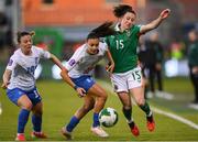 8 April 2025; Lucy Quinn of Republic of Ireland and Stamatia Ntarzanou of Greece during the UEFA Women's Nations League B match between Republic of Ireland and Greece at Tallaght Stadium in Dublin. Photo by Stephen McCarthy/Sportsfile