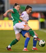 8 April 2025; Lucy Quinn of Republic of Ireland and Veatriki Sarri of Greece during the UEFA Women's Nations League B match between Republic of Ireland and Greece at Tallaght Stadium in Dublin. Photo by Stephen McCarthy/Sportsfile