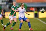 8 April 2025; Lucy Quinn of Republic of Ireland and Veatriki Sarri of Greece during the UEFA Women's Nations League B match between Republic of Ireland and Greece at Tallaght Stadium in Dublin. Photo by Stephen McCarthy/Sportsfile