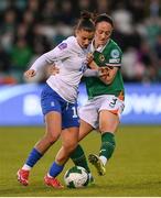 8 April 2025; Ioanna Papatheodorou of Greece and Megan Campbell of Republic of Ireland during the UEFA Women's Nations League B match between Republic of Ireland and Greece at Tallaght Stadium in Dublin. Photo by Stephen McCarthy/Sportsfile
