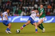 8 April 2025; Ioanna Papatheodorou of Greece and Megan Campbell of Republic of Ireland during the UEFA Women's Nations League B match between Republic of Ireland and Greece at Tallaght Stadium in Dublin. Photo by Stephen McCarthy/Sportsfile