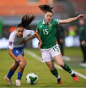 8 April 2025; Lucy Quinn of Republic of Ireland and Stamatia Ntarzanou of Greece during the UEFA Women's Nations League B match between Republic of Ireland and Greece at Tallaght Stadium in Dublin. Photo by Stephen McCarthy/Sportsfile