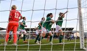 8 April 2025; Amber Barrett of Republic of Ireland celebrates with Megan Campbell after scoring their side's first goal before the UEFA Women's Nations League B match between Republic of Ireland and Greece at Tallaght Stadium in Dublin. Photo by Stephen McCarthy/Sportsfile
