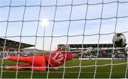 8 April 2025; Amber Barrett of Republic of Ireland scores her side's first goal past Greece goalkeeper Zoi Nasi before the UEFA Women's Nations League B match between Republic of Ireland and Greece at Tallaght Stadium in Dublin. Photo by Stephen McCarthy/Sportsfile