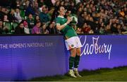 8 April 2025; Megan Campbell of Republic of Ireland prepares to take a throw-in during the UEFA Women's Nations League B match between Republic of Ireland and Greece at Tallaght Stadium in Dublin. Photo by Stephen McCarthy/Sportsfile
