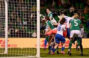 8 April 2025; Anna Patten of Republic of Ireland heads her side's second goal during the UEFA Women's Nations League B match between Republic of Ireland and Greece at Tallaght Stadium in Dublin. Photo by Ben McShane/Sportsfile