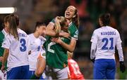 8 April 2025; Anna Patten of Republic of Ireland celebrates with team-mate Jessie Stapleton after scoring their side's second goal during the UEFA Women's Nations League B match between Republic of Ireland and Greece at Tallaght Stadium in Dublin. Photo by Stephen McCarthy/Sportsfile