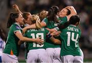 8 April 2025; Anna Patten of Republic of Ireland is congratulated by teammates after scoring their side's second goal during the UEFA Women's Nations League B match between Republic of Ireland and Greece at Tallaght Stadium in Dublin. Photo by Stephen McCarthy/Sportsfile