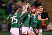 8 April 2025; Anna Patten of Republic of Ireland celebrates with team-mate Lucy Quinn after scoring their side's second goal during the UEFA Women's Nations League B match between Republic of Ireland and Greece at Tallaght Stadium in Dublin. Photo by Ben McShane/Sportsfile