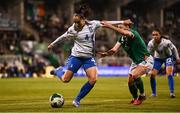 8 April 2025; Maria Gkouni of Greece in action against Lucy Quinn of Republic of Ireland during the UEFA Women's Nations League B match between Republic of Ireland and Greece at Tallaght Stadium in Dublin. Photo by Ben McShane/Sportsfile