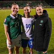 8 April 2025; Veatriki Sarri of Greece with Emily Murphy, left, and Lucy Quinn of Republic of Ireland after the UEFA Women's Nations League B match between Republic of Ireland and Greece at Tallaght Stadium in Dublin. Photo by Stephen McCarthy/Sportsfile