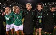 8 April 2025; Republic of Ireland head coach Carla Ward, centre, with Denise O’Sullivan, Jessie Stapleton, equipment officer Helen Noonan and Lucy Quinn after the UEFA Women's Nations League B match between Republic of Ireland and Greece at Tallaght Stadium in Dublin. Photo by Stephen McCarthy/Sportsfile